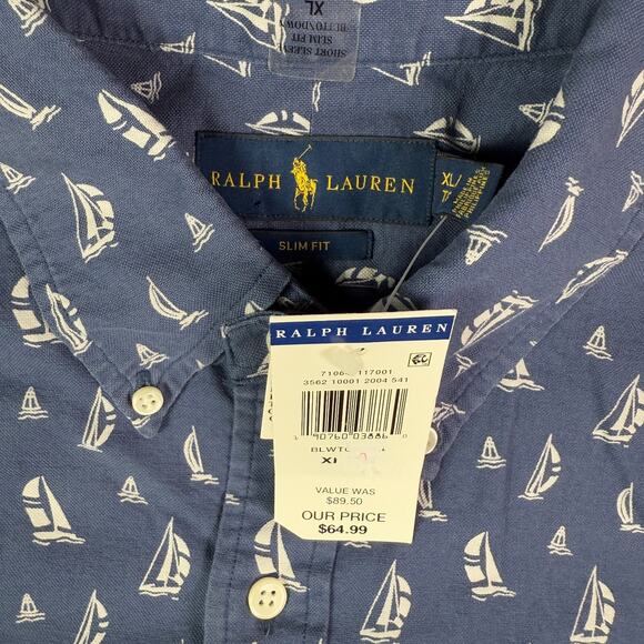 Polo Ralph Lauren Shirt Mens 2XL Blue Sailing Boat Nautical Button Down Slim NEW - Picture 3 of 7